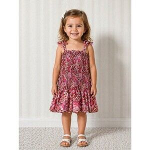 Wonder Nation Girls 4T Smocked Sun Dress - Pink & Orange Floral Tiered Ruffle